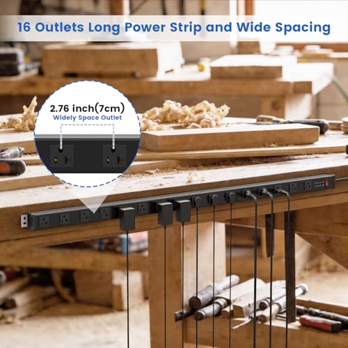 JUNNUJ Long 16 Outlet Power Strip Surge Protection 4800J, Wide Spaced Industrial Heavy Duty Outlets with 20Amp Switch, High Amp Extension Cord 6-20R T-Slot 15FT Black - size: 15FT