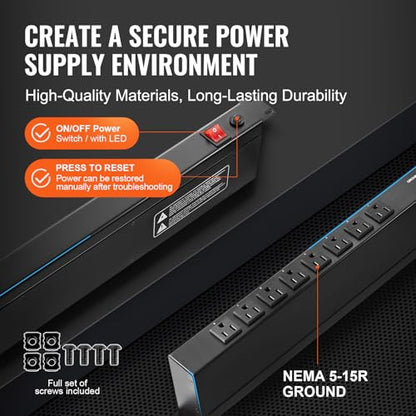 VEVOR 8 Outlet Horizontal 1U Rack Mount PDU Power Strip for Network Server Racks, Surge Protection & Overload Protection, 110-125V/15A, with 6ft 14AWG Power Cord - style: 8 Outlet-Individual Switches