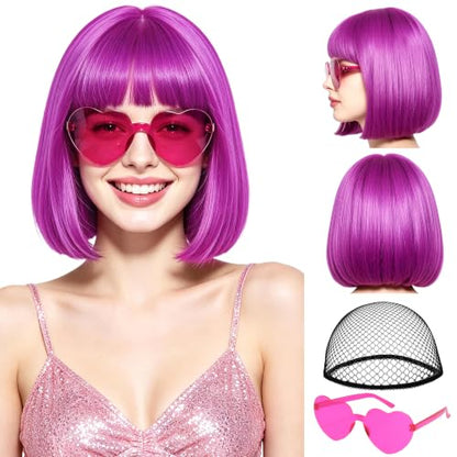Purple Short Bob Straight Hair Wigs with Bangs, 11inch Synthetic Fiber Colorful Hair, Neon Heart-shaped Sunglasses and Wig Cap for Women, 80s 90s Costume, Halloween, Dress Up - color: Purple