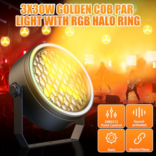 100W Retro DJ Lights, Gold Super Bright COB Par Light Stage Spotlights with Strip, Sound Activated Vintage DMX Uplights Indoor for Events Club Wedding Theater Church Dance Lighting