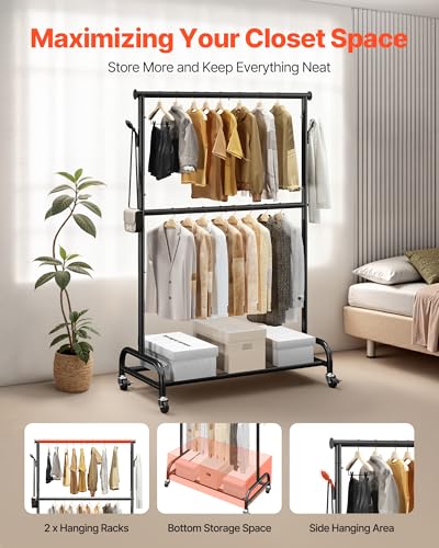 VEVOR Clothes Rack, Rolling Clothing Garment Rack with Adjustable Crossbar and Side Hooks, 150 lbs Load Capacity, Heavy Duty Carbon Steel Clothing Racks with Wheels for Bedroom, Laundry, Living Room
