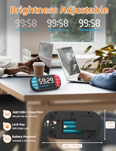 DOOMAY Magnetic Digital Kitchen Timer for Classroom Countdown | Visual Timer with 3.6" LED, 4 Sounds, 3 Brightness, Child Lock, USB-C or AAA for Home & Study - color: Black