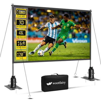 Wootfairy 120inch Portable Projector Screen Stand Heavy Iron Plate Base | Foldable Wrinkle-Free 16:9 4K Front/Rear Projection Movie Screen with Carry Bag for Indoor Outdoor Sport Game Viewing Camping