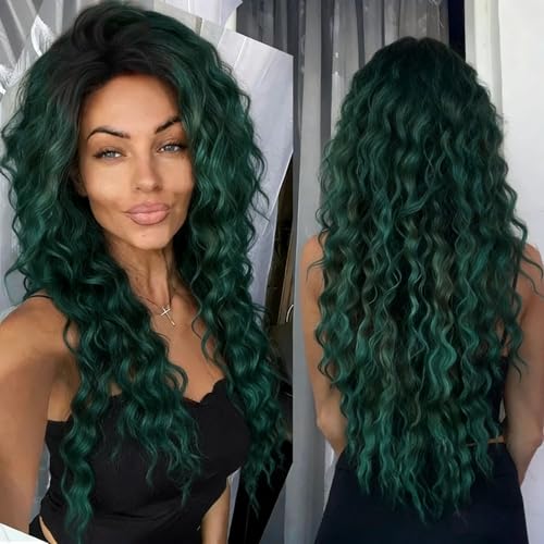 Long Curly Wigs for Women Deep Emerald Green Ombre Wig with Fluffy Hairline - color: Ombre Green