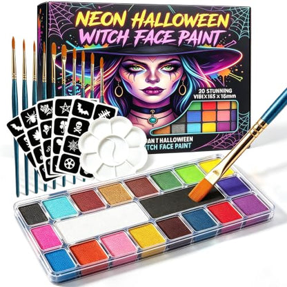 Face Paint,20 Colors Face Paint - Face Painting Kit,Water Based Face Painting Kit for Kids Party with 10 Brushes 5 Sticker Stencils and Paint Tray, Body Paint for Kids and Adults Halloween Makeup