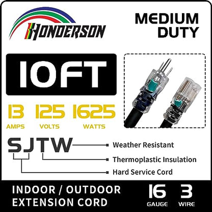 10 Ft Black Outdoor Extension Cord with Lighted End Weatherproof 16 Gauge | UL Certified 16/3 SJTW Cable, 13A Rated, Perfect for Christmas Lights, Garden, Lawn and Outdoor Appliances - size: 10FT, style: 16/3
