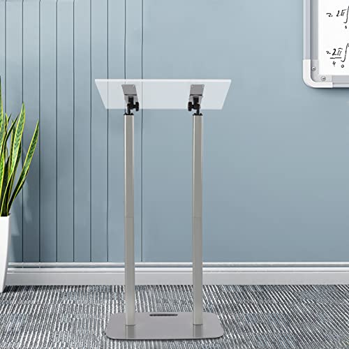 Church Pulpit, Conference Presentation Stand, Clear Acrylic Podium Silver Iron Body and Base 46.46 Inch Height Floor Standing Lectern Pulpit Desk, for Church, Classroom, Church Speech
