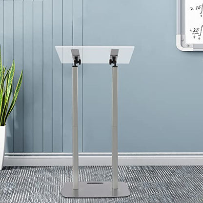 Church Pulpit, Conference Presentation Stand, Clear Acrylic Podium Silver Iron Body and Base 46.46 Inch Height Floor Standing Lectern Pulpit Desk, for Church, Classroom, Church Speech