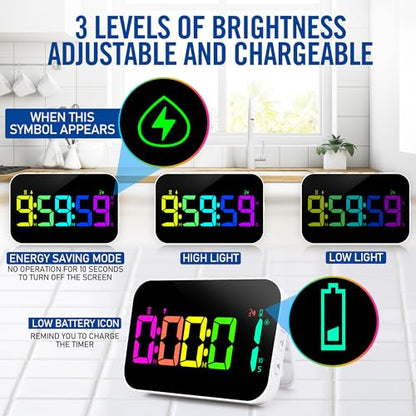 Kitchen Timer （1.5" Number） 10 RGB Color Changing Digital Magnetic Timer, Countdown/Up, Rechargeabilit, 3 Brightness Display, 3 Volume Levels and Vibration Mode, for Classroom, Study, Fitness - color: 5''rgb Charge