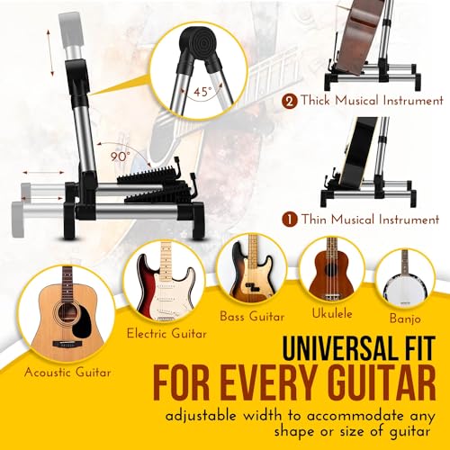 Flexzion Guitar Stand Folding Adjustable A-Frame Floor Portable Instrument Stand Rack Holder for Acoustic Electric Classical Guitar and Bass, Violin, Ukulele, Banjo, Mandolin Portable Lightweight | Portable Aluminum-Alloy Frame Weighs Less Than 1 Lb and F