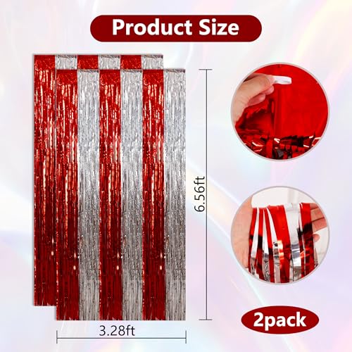 BEISHIDA Red Silver Door Streamers Backdrop Foil Fringe Tinsel Party Streamers Curtains Photo Backdrop - 2Pcs for Valentine's Day Birthday Graduation Christmas Party Decoations - color: 05-red silver