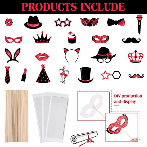 Zonon 24 Pcs Photo Booth Props Set Black Gold Birthday,Red and Black | Props on Sticks for Wedding, Reunion, Prom, Includes Mustache, Hats, Glasses, Ties, Lips, Crowns, Fun Party Accessories - color: Red and Black