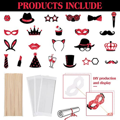 Zonon 24 Pcs Photo Booth Props Set Black Gold Birthday,Red and Black | Props on Sticks for Wedding, Reunion, Prom, Includes Mustache, Hats, Glasses, Ties, Lips, Crowns, Fun Party Accessories - color: Red and Black