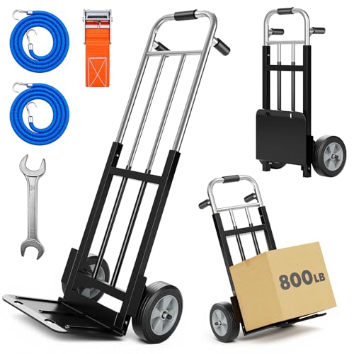 800 LB Heavy Duty Alloy Steel Folding Hand Truck Dolly | 8" Solid Rubber Wheels,Dual Foam Grip Handles,Foldable Design for Home,Warehouse & Office Moving,Ideal for Boxes & Appliances