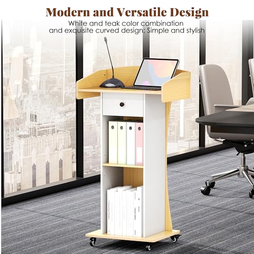 Podium Stand with Metal Wheels Wooden Lectern Podium Stand Portable Pulpit Standing with Storage Mobile Reception Podiums Desk for Church Office School Conference Restaurant Meeting,Wood - color: White&wood