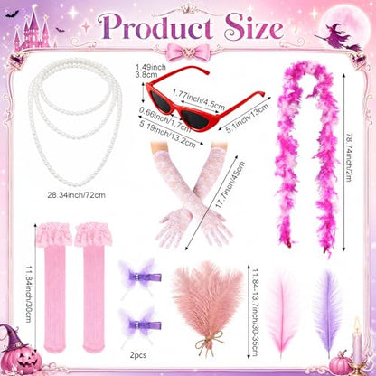 Huwena 8 Pcs Feather Boa Costume Accessory Set for Women Halloween Costume | Pink Feather Boa Pearl Necklace Sunglasses Lace Gloves Socks Butterfly Clips for Cosplay Party Wedding Tea