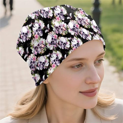 Art Owl Women's Slouchy Beanie Hat Cute Turban Hats Cancer Headwear Caps Baggy Skull Sleep Scarf - color: Flowers Skulls