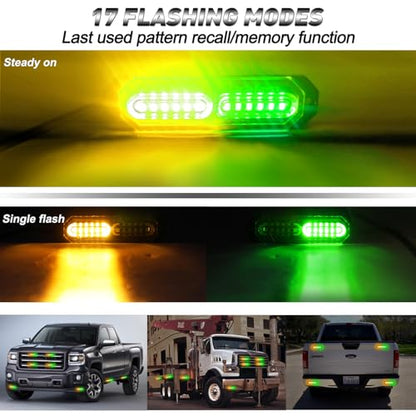ASPL 8pcs Sync Feature Ultra Slim 12-LED Surface Mount Flashing Strobe Lights for Truck Car Vehicle LED Mini Grille Light Head Emergency Beacon Hazard Warning Lights (Amber/Green) (Pack of 2) - color: Amber/Green, size: 4.41L x 0.44W x 1.14H Inch (Pack of