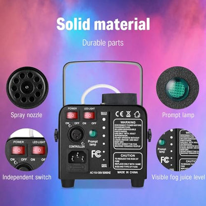 Donner Fog Machine with 13 Colors, 500W 2000CFM Party Smoke Machine with RGB LED Light, Indicate Light with 2 Wireless Remote Controls, Manual Spray Fog, for Halloween Festival Wedding Indoor Use