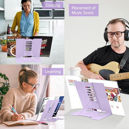 Honagu Book Stand Metal Desk Book Holder, Book Holders for Reading Hands Free, Adjustable Cookbook Documents Holder, Portable Bookstand for Music Books, Textbook, Recipe, Tablet, Ipad (Light Purple) - color: Light Purple