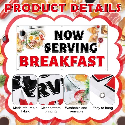 Tudomro 2x4 Feet Now Serving Breakfast Banner Sign - style: Breakfast