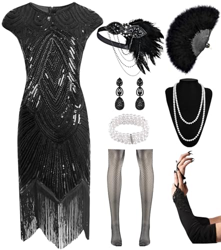 VillbeCoser 1920s Flapper Dress for Women Sequin Fringe Roaring 20s Costume - color: Black, size: XX-Large