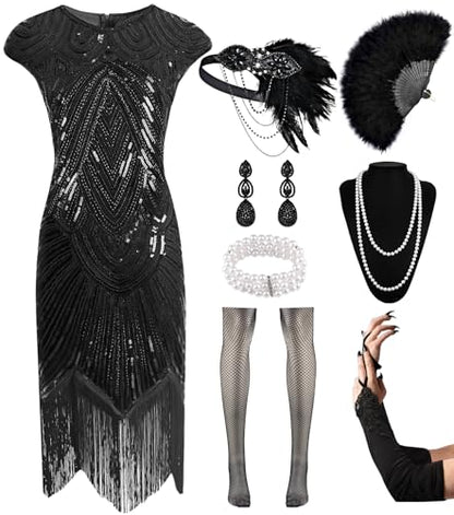 VillbeCoser 1920s Flapper Dress for Women Sequin Fringe Roaring 20s Costume - color: Black, size: XX-Large