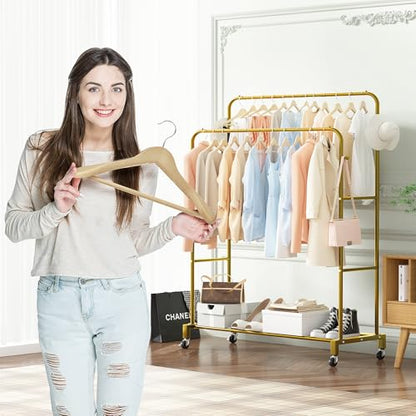 Sooyee Double Rod Clothing Rack with Wheels,3 Tier Garment Racks for Hanging Clothes,Portable Clothes Rack with 4 Hooks for Bedroom,Laundry Room,Gold - color: Gold