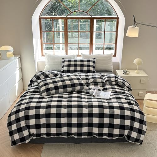 FACE TWO FACE Bedding Duvet Cover Set100% Washed Cotton Duvet Cover Linen Like Textured Breathable Durable Soft Comfy (Queen, Black and White Grid) - color: Black and White Grid, size: Queen