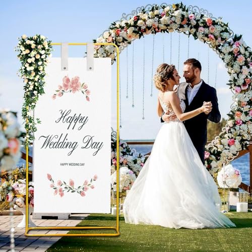 Wedding Sign Holder with 3 Pairs of Leather Straps & 6 Ribbons, Adjustable Height 50"/68" Heavy Duty Easel Stand for Display, Portable Wedding Welcome Sign Stand with Carrying Bag & Digital Templates (Gold)