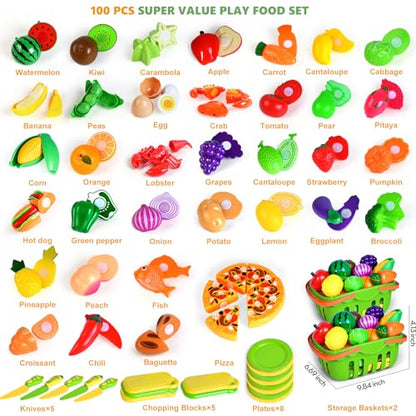 100 PCS Cutting Play Food Toy for Kids Kitchen, Pretend Food Kitchen Toys Accessories with 2 Baskets, Fake Food/Fruit/Vegetable, Christmas Birthday Gifts for 2 3 4 5 Years Old Toddlers Boys Girls - color: Green