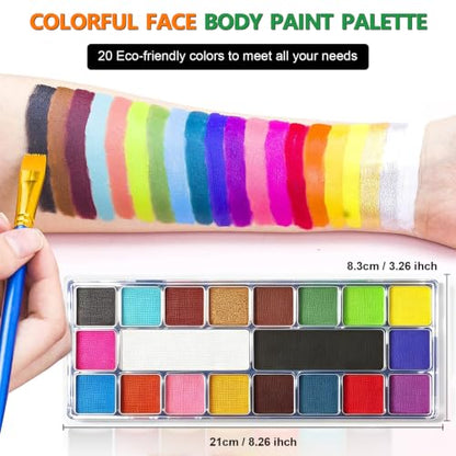 Face Paint,20 Colors Face Paint - Face Painting Kit,Water Based Face Painting Kit for Kids Party with 10 Brushes 5 Sticker Stencils and Paint Tray, Body Paint for Kids and Adults Halloween Makeup