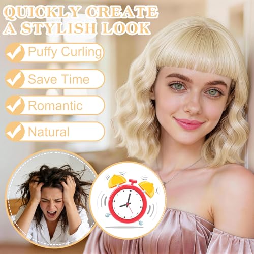 Blonde Wavy Bob Wig with Bangs Heart Sunglasses for Women, Funny Hair Replacement Curly Bob Synthetic Wigs with Hair Cap for Cosplay Costume Bachelorette 80s Retro Party Birthday Fancy Dress - color: Blonde