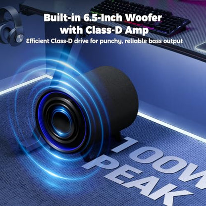 LITTOAK Powered Subwoofer, 100W Peak Sub with DSP, 6.5’’ Subs with Infinity Mirror - 3D Tunnel Light, 6 LED Home Theater Subwoofers, 40Hz-250Hz, Class-D Amp, Low Pass dial, Phase Switch