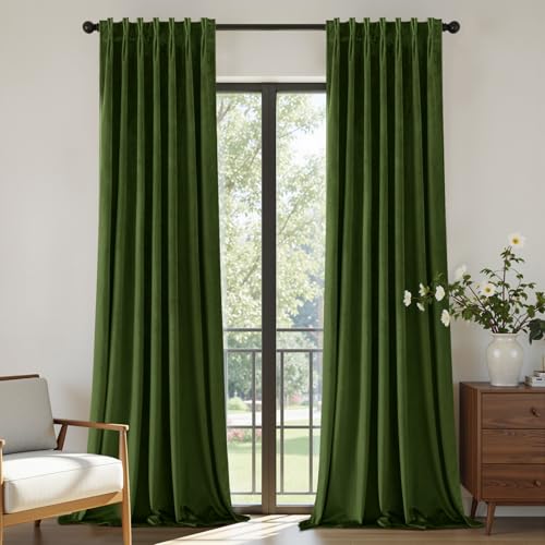 Joydeco Pinch Pleated Velvet Curtains 96 Inch Long 2 Panel Set Green Curtains for Bedroom Living Room, Thermal Insulated Back Tab Blackout Luxury Drapes with Adjustable Hooks (40”W x96”L,Olive Green) - color: Olive Green, size: 40"W x 96"L (Pack of 2)
