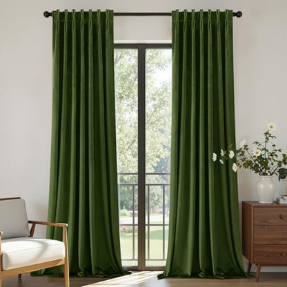 Joydeco Pinch Pleated Velvet Curtains 96 Inch Long 2 Panel Set Green Curtains for Bedroom Living Room, Thermal Insulated Back Tab Blackout Luxury Drapes with Adjustable Hooks (40”W x96”L,Olive Green) - color: Olive Green, size: 40"W x 96"L (Pack of 2)