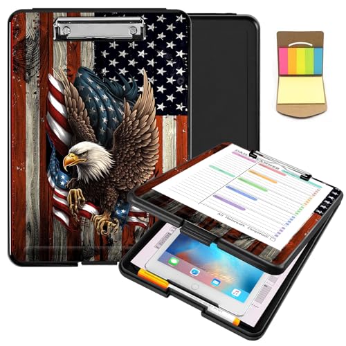 Clipboard with Storage,Heavy Duty Clip Boards 8.5X11 with Storage Pen Holder,Plastic Nursing Clipboards Foldable, A4 Legal Size Coaches Nurse Clipboard Folder Case-Bald Eagle with Flag - color: Bald Eagle With Flag