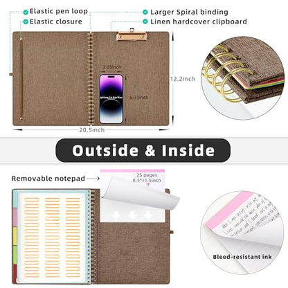 Ospelelf Brown Foldable Spiral Clipboard Folio with Storage Zipper Pouch, 5 Plastic Folders with 10 Pockets, Refillable Lined Notepad (11" x 8.5"), Linen Hardcover Project Organizer - color: Brown
