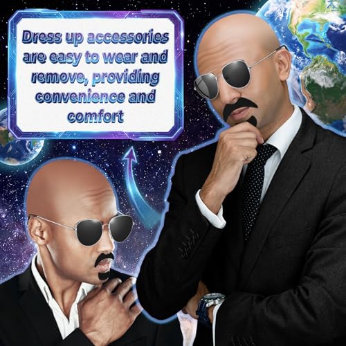Mepase Bald Caps with Glasses Mustache Accessories | Halloween Cosplay Style Set, Bald Cap, Adult Lens Glasses, Beard Stickers, Costume Party Disguise Accessories - color: Wrinkle