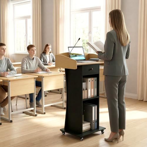 Podium Stand with Metal Wheels Wooden Lectern Podium Stand Portable Pulpit Standing with Storage Mobile Reception Podiums for Church Office School Conference Restaurant Meeting,Wood+Black - color: Black&wood