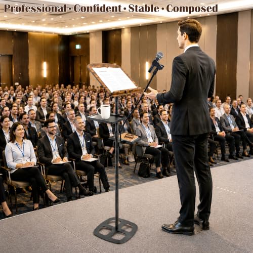 Podium Stand, 19.7-67 Inch Height Adjustable Lectern Podium with 16.6 x 12.6 Inch Tilting Desktop, 2 Storage Trays and Microphone Holder, Portable Floor Stand for Church, Classroom, Speech, Black