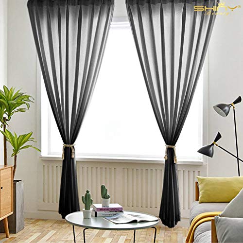 ShinyBeauty Black Chiffon Curtain 2 Panels 2.4ft x 7ft Tulle Backdrop Curtains Window Voile Curtain 84 inch Blackout Curtains Sheer Backdrop Curtains Rod Pocket Elegant Curtains - color: Black, size: 29"W x 84"L (Pack of 2)