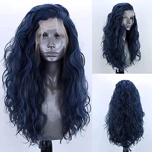 RONGDUOYI RDY Dark Blue Loose Body Wave Wig 24" Long Wavy Lace Front Synthetic Wigs for Women Heat Fiber Hair Half Hand Tied Wig Cosplay Daily Use Hair - color: Dark Blue
