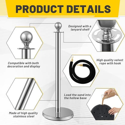 Ferraycle 8 Pcs Crowd Control Stanchions and Velvet Ropes 5 ft Poles Silver Crowd Control Barriers Black Ropes Stainless Steel Stanchions Post for Party Supplies - color: Black