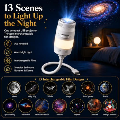 2-in-1 Galaxy Projector Night Light with 13 HD Projection Slides, USB Portable Starry Sky Night Light with 360° Rotation & Dual Auto-Off , Mini LED Ceiling Wall Lamp for Car Decor Bedroom Adults Gifts