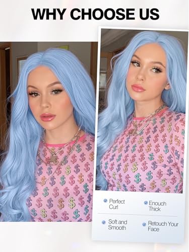 Quantum Love Long Curly Blue Wig for Women Light Blue Long Wavy Wigs 28 Inch Natural Looking Synthetic Fashion Color Hair for Cosplay Halloween Daily Party Use - color: Light Blue