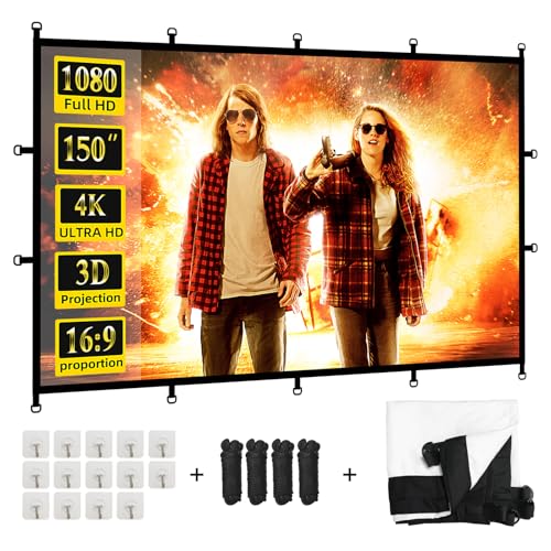 Projector Screen 150 inch, Washable 16:9 4K Foldable Indoor Outdoor Movie Screen for Home Theater, Portable Projection Screen with Hooks & Rope Simple Mount - size: 150 inch-JY
