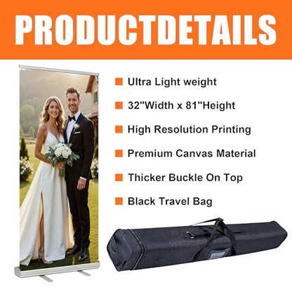 Customized Retractable Banner Aluminum Alloy Frame Portable,Durable,Suitable For Commercial Promotion,Event Display, Advertising,Home Use -with Carry Bag And Stand- Made in USA，33"x81" (style 2)
