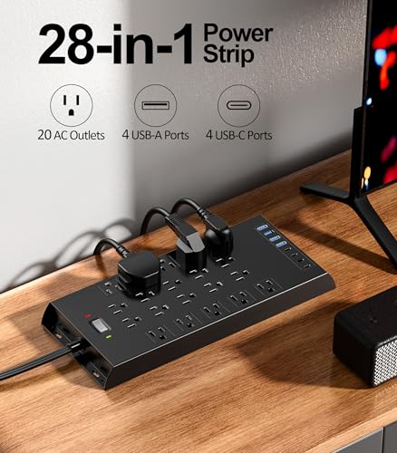 Surge Protector Power Strip 4800J, LeZone 10Ft Long Extension Cord Flat Plug, 20 Outlets 4 USB-A 4 USB-C Ports, Wall Mountable, Home Office Dorm Essentials, Black - size: 10FT, style: 20AC+8USB(1-Side)