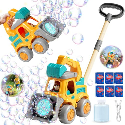 Bubble Machine for Kids 3-6, Construction Truck Bubble Lawn Mover | 2-In-1 Handheld Push, Automatic Bubble Blower With Led Lights, USB Rechargeable, Bubbles Toy for Kids Boy Girl 3-6 Year Old